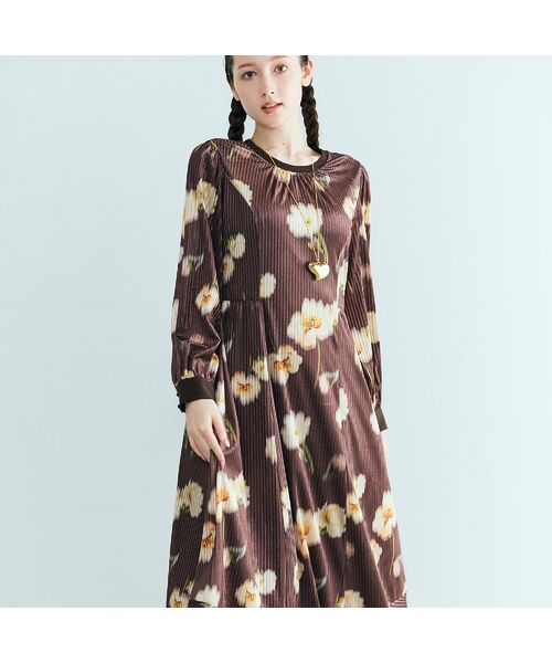 Rose Tiara / ローズティアラ ミニ丈・ひざ丈ワンピース | ストライプベロアフラワープリントワンピース | 詳細3