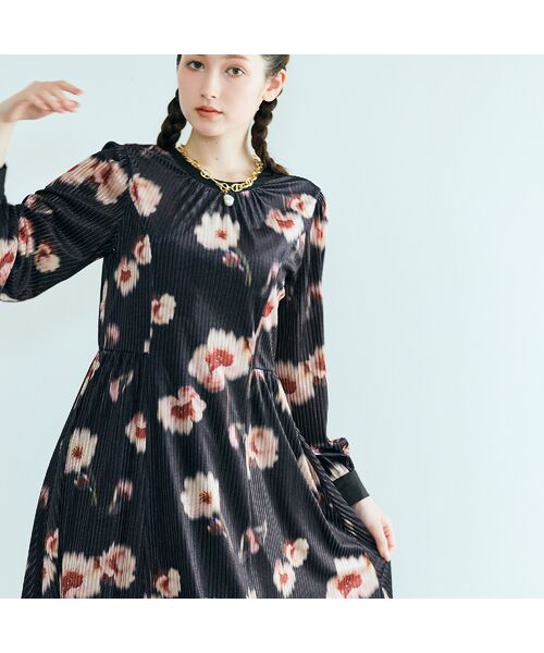 Rose Tiara / ローズティアラ ミニ丈・ひざ丈ワンピース | ストライプベロアフラワープリントワンピース | 詳細7