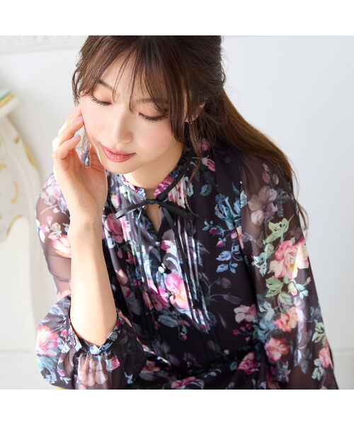 Rose Tiara / ローズティアラ ミニ丈・ひざ丈ワンピース | シフォンプリントワンピース（ブラック）