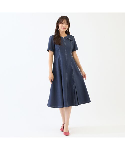 Rose Tiara / ローズティアラ ミニ丈・ひざ丈ワンピース | 【イージーケア/伸縮性◎】デニムライクワンピース(ダークブルー)