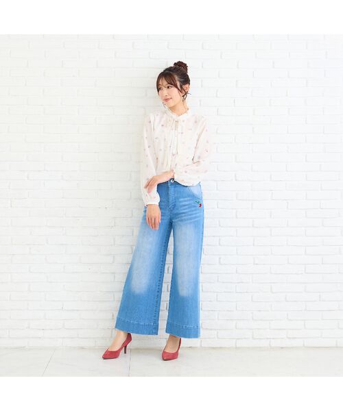 Rose Tiara / ローズティアラ デニムパンツ | ワンポイント刺繍ワイドデニムパンツ(ダークブルー)