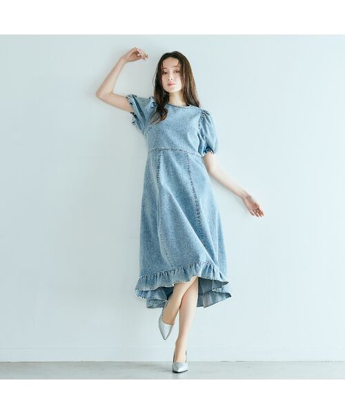 Rose Tiara / ローズティアラ ミニ丈・ひざ丈ワンピース | ライトデニムボリュームスリーブワンピース（ダークブルー）