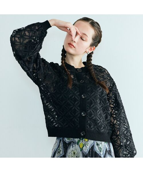 Rose Tiara / ローズティアラ ニット・セーター | フラワー立体刺繍ブラウスカーディガン（ブラック）