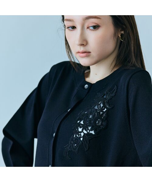 Rose Tiara / ローズティアラ ニット・セーター | フラワーレースはめ込みニットカーディガン（ブラック）