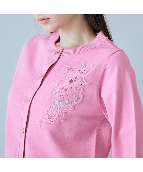 Rose Tiara / ローズティアラ ニット・セーター | フラワーレースはめ込みニットカーディガン（ピンク）