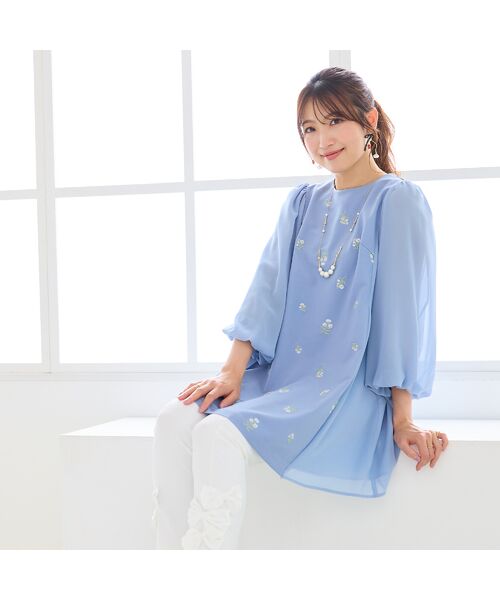 Rose Tiara / ローズティアラ シャツ・ブラウス | 小花刺繍バルーンスリーブチュニック（ブルー）