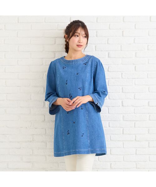 Rose Tiara / ローズティアラ チュニック | 【伸縮性◎】サクランボ刺繍デニムチュニック（ダークブルー）