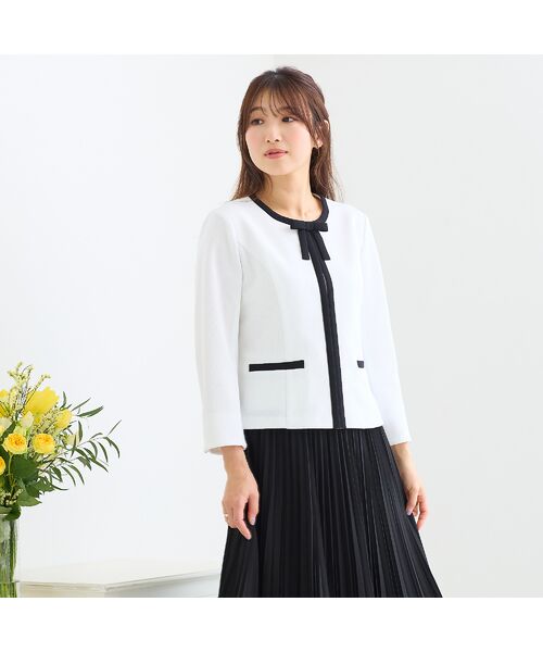 Rose Tiara / ローズティアラ ノーカラージャケット | 【リボンブローチ付】配色ノーカラージャケット | 詳細1