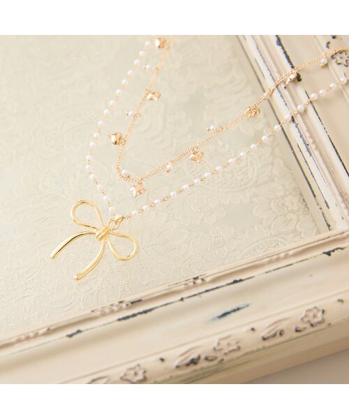 Rose Tiara / ローズティアラ ネックレス・ペンダント・チョーカー | リボン×ハート2連ネックレス（ゴールド）