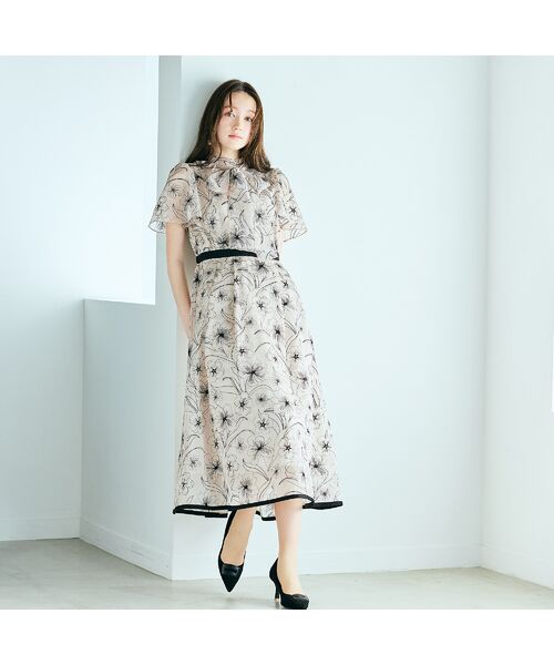 Rose Tiara / ローズティアラ ミニ丈・ひざ丈ワンピース | シアー刺繍バイカラーワンピース（ベージュ）