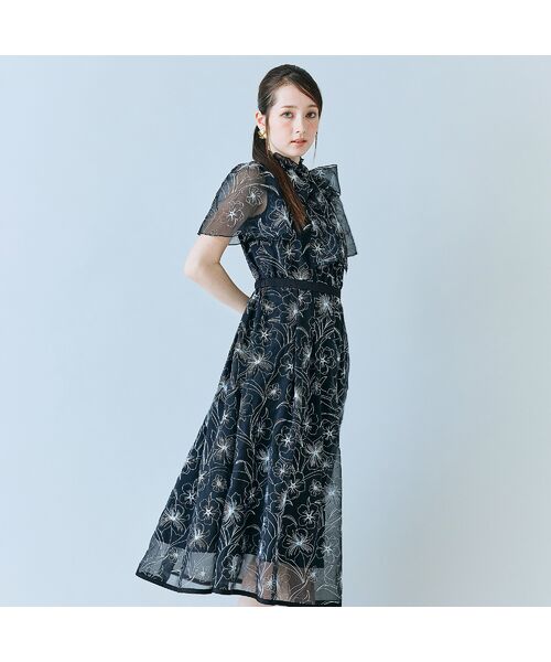 Rose Tiara / ローズティアラ ミニ丈・ひざ丈ワンピース | シアー刺繍バイカラーワンピース（ブラック）