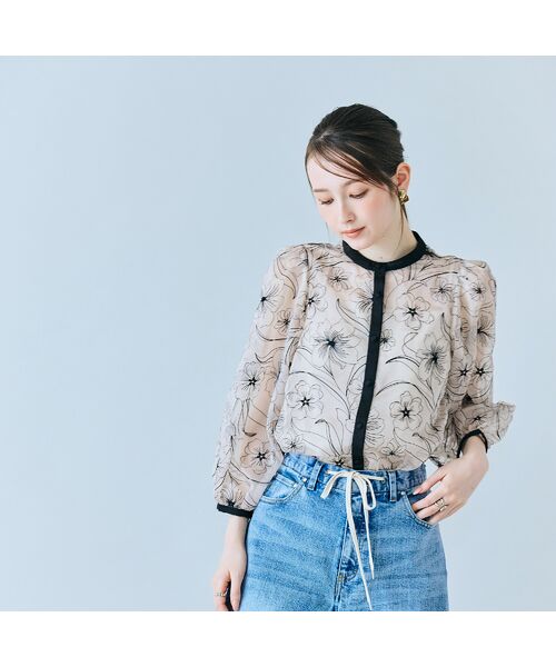 Rose Tiara / ローズティアラ シャツ・ブラウス | シアー刺繍バイカラーダブルリボンブラウス | 詳細6