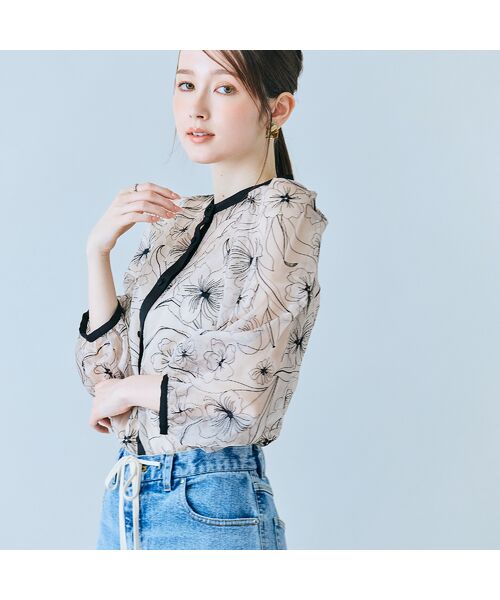 Rose Tiara / ローズティアラ シャツ・ブラウス | シアー刺繍バイカラーダブルリボンブラウス | 詳細7