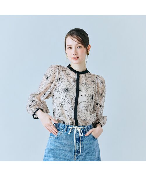 Rose Tiara / ローズティアラ シャツ・ブラウス | シアー刺繍バイカラーダブルリボンブラウス（ベージュ）