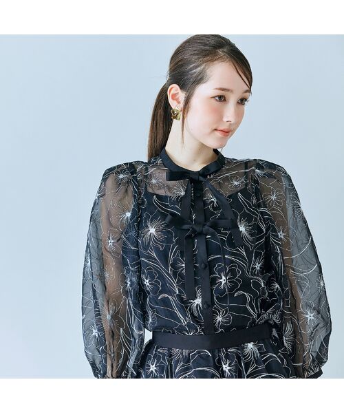 Rose Tiara / ローズティアラ シャツ・ブラウス | シアー刺繍バイカラーダブルリボンブラウス | 詳細11