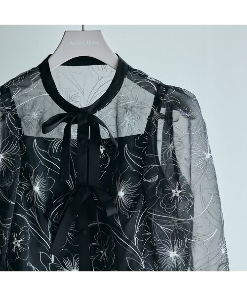 Rose Tiara / ローズティアラ シャツ・ブラウス | シアー刺繍バイカラーダブルリボンブラウス | 詳細15