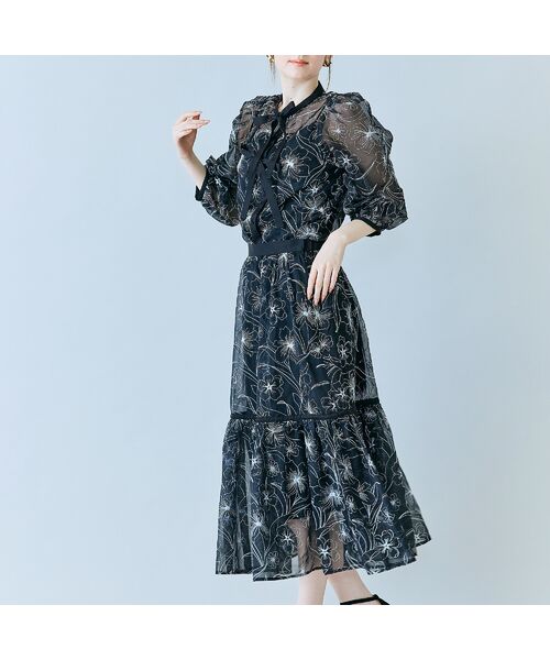 Rose Tiara / ローズティアラ ミニ・ひざ丈スカート | シアー刺繍バイカラーティアードスカート | 詳細5