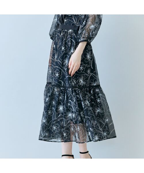 Rose Tiara / ローズティアラ ミニ・ひざ丈スカート | シアー刺繍バイカラーティアードスカート | 詳細6