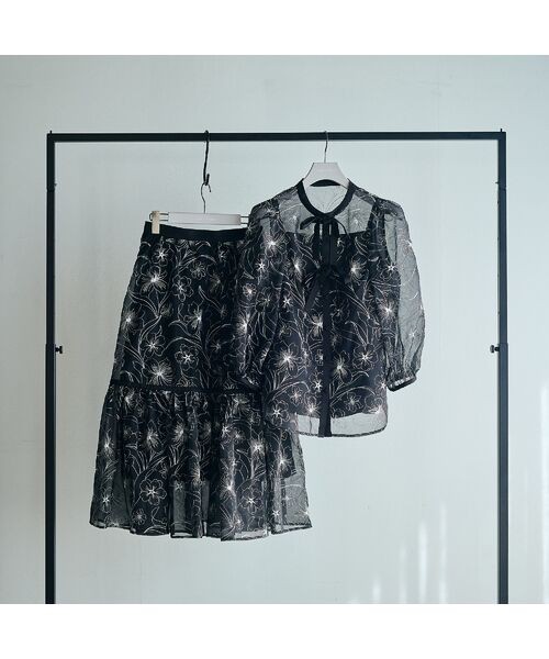 Rose Tiara / ローズティアラ ミニ・ひざ丈スカート | シアー刺繍バイカラーティアードスカート | 詳細7