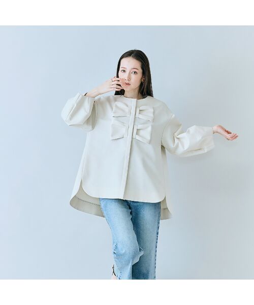 Rose Tiara / ローズティアラ ノーカラージャケット | ダブルリボンジャケット（ベージュ）