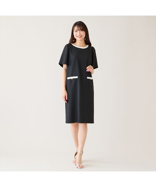 Rose Tiara / ローズティアラ ミニ丈・ひざ丈ワンピース | 【接触冷感/イージーケア】リネンライクバックリボンワンピース(ブラック)