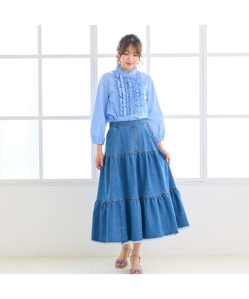 Rose Tiara / ローズティアラ ミニ・ひざ丈スカート | ティアードデニムスカート（ダークブルー）