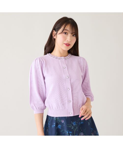 Rose Tiara / ローズティアラ ニット・セーター | 【綿100%】鹿の子編みビジューカーディガン（ピンク）