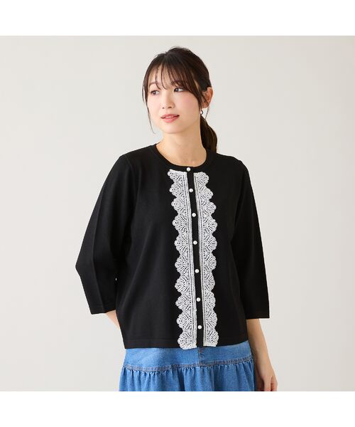 Rose Tiara / ローズティアラ ニット・セーター | レーストリミングニットカーディガン（ブラック）