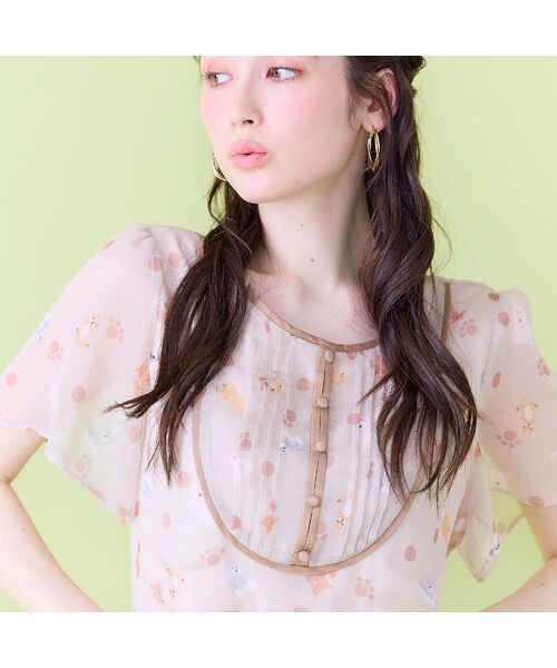 Rose Tiara / ローズティアラ ミニ丈・ひざ丈ワンピース | わんにゃんプリントワンピース（ベージュ）