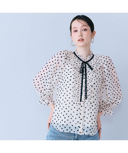 Rose Tiara / ローズティアラ シャツ・ブラウス | シアープリーツフリルブラウス/ ドット（ベージュ）