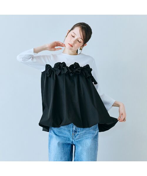 Rose Tiara / ローズティアラ カットソー | リボンモチーフ付き異素材カットソー（オフ）