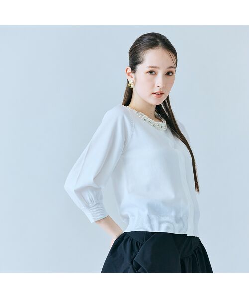 Rose Tiara / ローズティアラ ニット・セーター | 襟ぐりパールビジュー付きカーディガン（オフ）