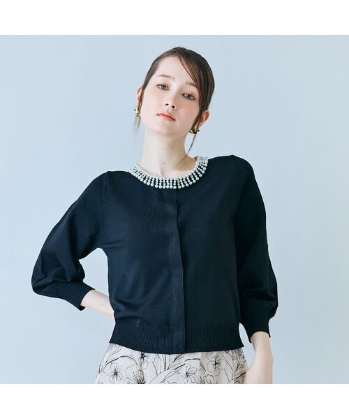 Rose Tiara / ローズティアラ ニット・セーター | 襟ぐりパールビジュー付きカーディガン（ブラック）