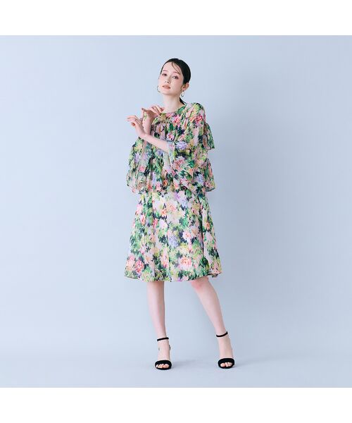 Rose Tiara / ローズティアラ ミニ丈・ひざ丈ワンピース | モザイクフラワープリントワンピース（ベージュ）