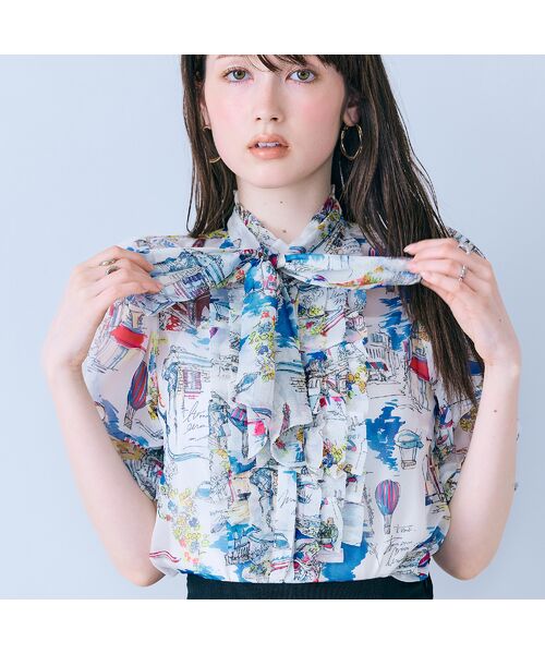 Rose Tiara / ローズティアラ シャツ・ブラウス | パリプリントリボンタイ付きブラウス（オフ）