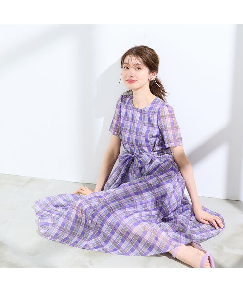 Rose Tiara / ローズティアラ ミニ丈・ひざ丈ワンピース | マドラスチェック風プリントワンピース（バイオレット）