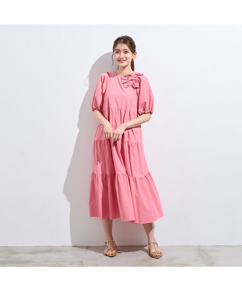 Rose Tiara / ローズティアラ ミニ丈・ひざ丈ワンピース | 【接触冷感/UVカット/遮熱】ティアードマキシワンピース（ピンク）