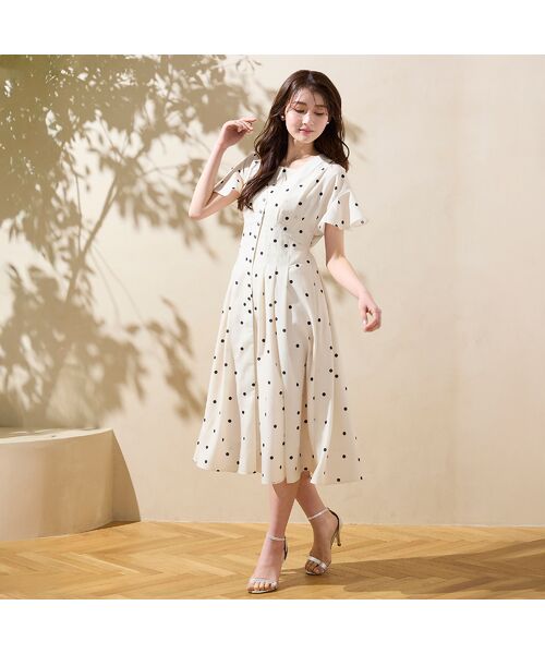Rose Tiara / ローズティアラ ミニ丈・ひざ丈ワンピース | フレア袖ドットワンピース（ベージュ）
