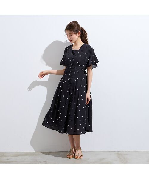 Rose Tiara / ローズティアラ ミニ丈・ひざ丈ワンピース | フレア袖ドットワンピース（ブラック）