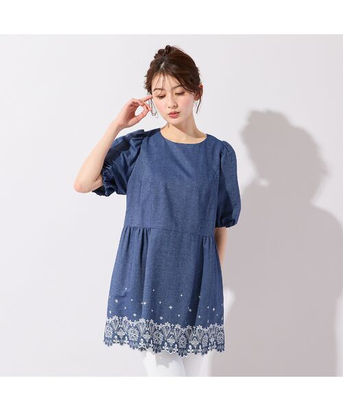 Rose Tiara / ローズティアラ シャツ・ブラウス | スカラ刺繍チュニック（ダークブルー）