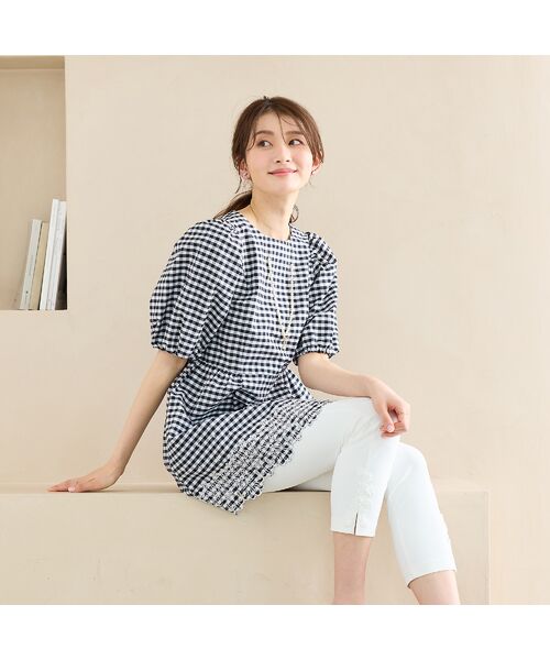 Rose Tiara / ローズティアラ シャツ・ブラウス | スカラ刺繍チュニック/ ギンガムチェック（ブラック）
