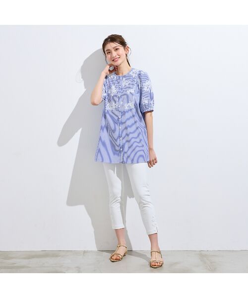 Rose Tiara / ローズティアラ シャツ・ブラウス | ストライプ刺繍パフスリーブブラウス | 詳細1