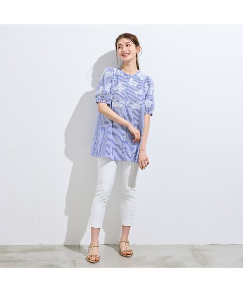 Rose Tiara / ローズティアラ シャツ・ブラウス | ストライプ刺繍パフスリーブブラウス（ダークブルー）