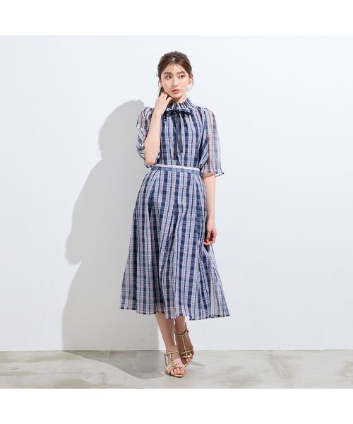 Rose Tiara / ローズティアラ シャツ・ブラウス | 【セットアップ対応】マドラスチェック風プリントフリルカラーブラウス（ダークブルー）