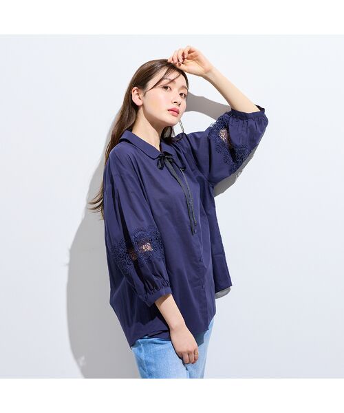 Rose Tiara / ローズティアラ シャツ・ブラウス | 【綿100%】レース切替ブラウス(ダークブルー)