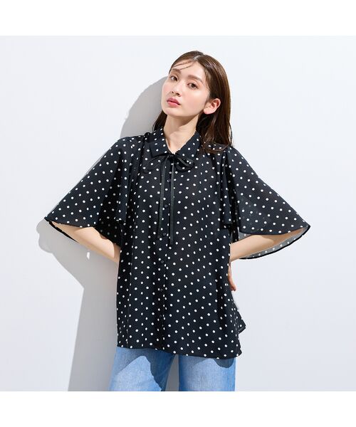Rose Tiara / ローズティアラ シャツ・ブラウス | フレア袖ドットブラウス（ブラック）