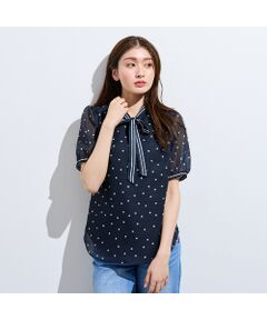 Rose Tiara / ローズティアラ シャツ・ブラウス | 配色ラインリボン襟ドットプリントブラウス