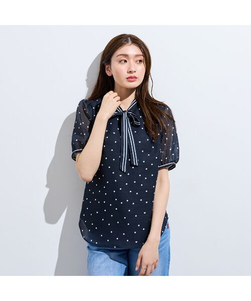 Rose Tiara / ローズティアラ シャツ・ブラウス | 配色ラインリボン襟ドットプリントブラウス（ダークブルー）