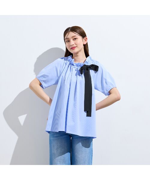 Rose Tiara / ローズティアラ シャツ・ブラウス | 【接触冷感】ギャザーリボンブラウス（ブルー）
