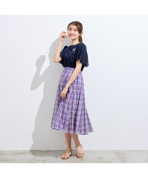 Rose Tiara / ローズティアラ ミニ・ひざ丈スカート | 【セットアップ対応】マドラスチェック風プリントスカート（バイオレット）